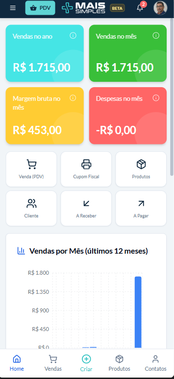 Dashboard do Gestão Mais Simples no celular