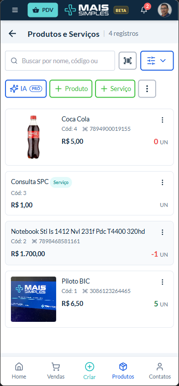 Produtos no celular