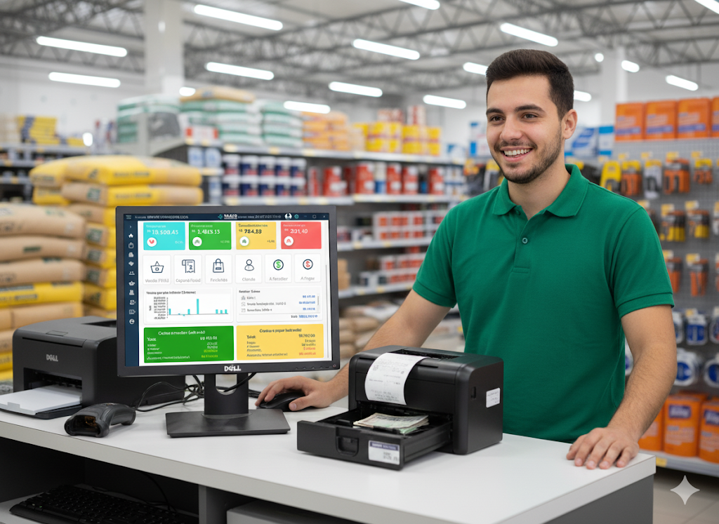 Tela do sistema GMS para lojas de materiais de construção — estoque e NF-e